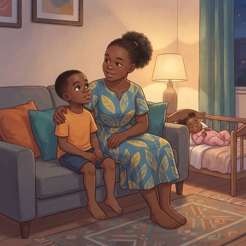 Baraka sits with his mother on the sofa, listening